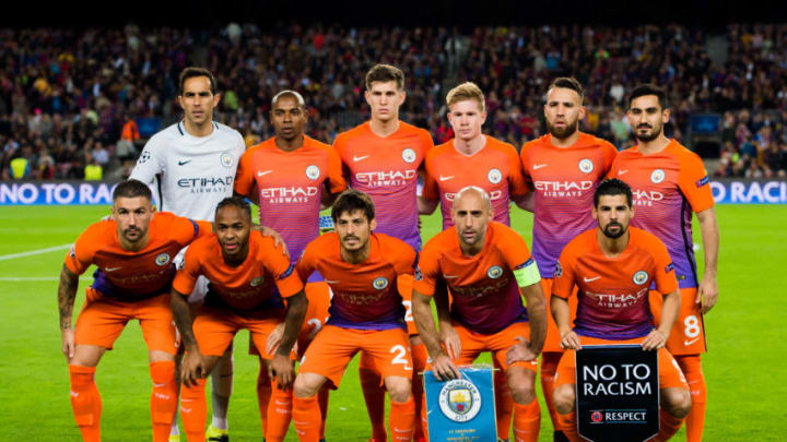 BARCELONA, SPAIN - OCTOBER 19: Players of Manchester City FC pose for a team photo before the UEFA Champions League group C match between FC Barcelona and Manchester City FC at Camp Nou on October 19, 2016 in Barcelona, Spain. (Photo by Alex Caparros/Getty Images)