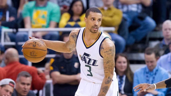 Mar 27, 2017; Salt Lake City, UT, USA; Utah Jazz guard George Hill (3) dribbles the ball during the first half against the New Orleans Pelicans at Vivint Smart Home Arena. The Jazz won 108-100. Mandatory Credit: Russ Isabella-USA TODAY Sports