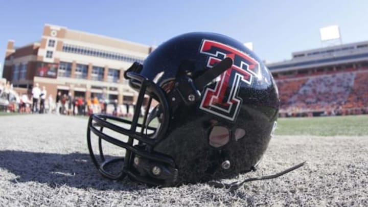 Nov 17, 2012; Stillwater OK, USA; Texas Tech Red Raiders helmet before the game against the Oklahoma State Cowboys at Boone Pickens Stadium. Mandatory Credit: Richard Rowe-USA TODAY Sports