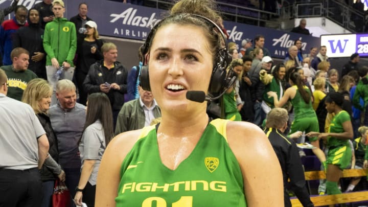 SEATTLE, WA – JANUARY 27: Oregon Ducks forward Erin Boley (21) gets interviewed after a college basketball game between the Oregon Ducks against the Washington Huskies on January 27, 2019, at Alaska Airlines Arena at Hec Edmundson Pavilion in Seattle, WA. (Photo by Joseph Weiser/Icon Sportswire via Getty Images)