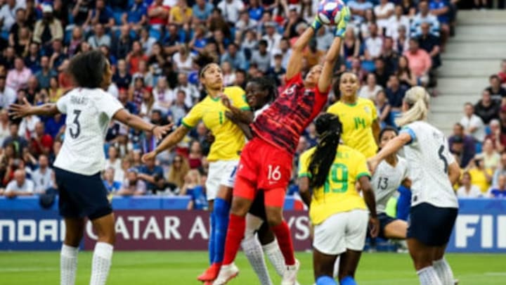 LE HAVRE, FRANCE – JUNE 23: #16 Sarah Bouhaddi of France saves the ball during the 2019 FIFA Women’s World Cup France Round Of 16 match between France and Brazil. (Photo by Zhizhao Wu/Getty Images)