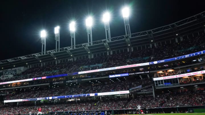 CLEVELAND, OHIO - OCTOBER 16: Cal Quantrill #47 of the Cleveland Guardians delivers to Aaron Judge #99 of the New York Yankees during the third inning in game four of the American League Division Series at Progressive Field on October 16, 2022 in Cleveland, Ohio. (Photo by Dylan Buell/Getty Images)