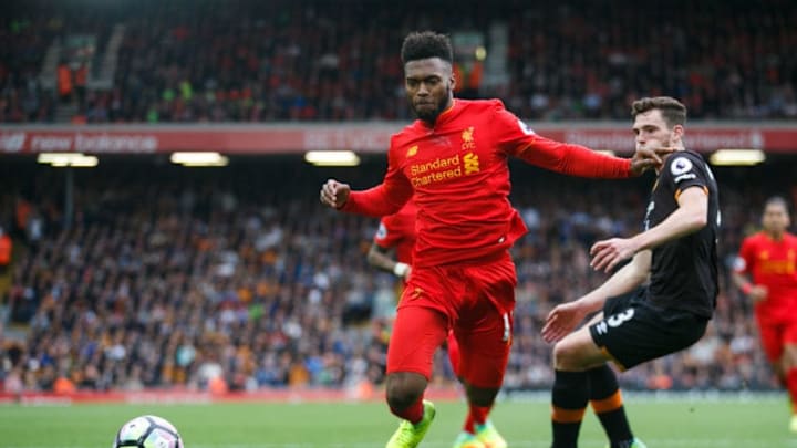 LIVERPOOL, ENGLAND - SEPTEMBER 24: Daniel Sturridge of Liverpool wins a penalty during the Premier League match between Liverpool and Hull City at Anfield on September 24, 2016 in Liverpool, England. (Photo by Robbie Jay Barratt - AMA/Getty Images)