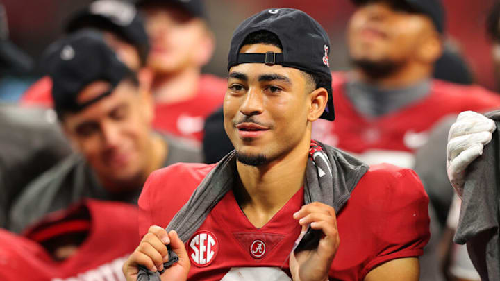 ATLANTA, GEORGIA - DECEMBER 04: Bryce Young #9 of the Alabama Crimson Tide celebrates after a win against the Georgia Bulldogs in the SEC Championship game at Mercedes-Benz Stadium on December 04, 2021 in Atlanta, Georgia. (Photo by Kevin C. Cox/Getty Images)