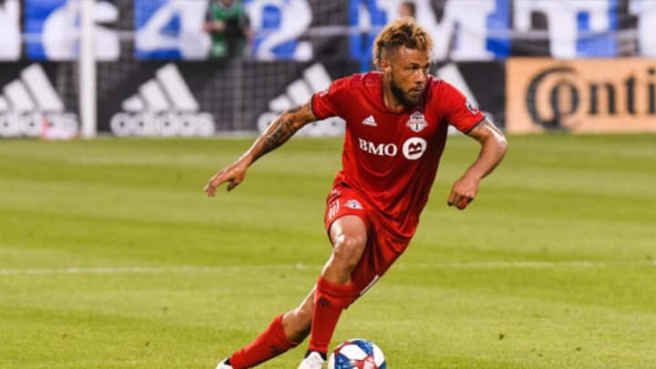 MONTREAL, QC – JULY 13: Toronto FC midfielder Nick DeLeon (18) runs with the ball during the Toronto FC versus the Montreal Impact game on July 13, 2019, at Stade Saputo in Montreal, QC (Photo by David Kirouac/Icon Sportswire via Getty Images)