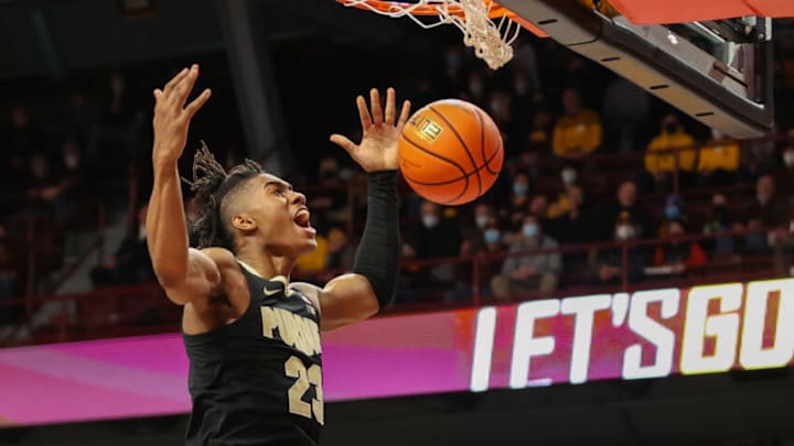 Feb 2, 2022; Minneapolis, Minnesota, USA; Purdue Boilermakers guard Jaden Ivey (23) reacts to a dunk against the Minnesota Gophers during the second half at Williams Arena. Mandatory Credit: Matt Krohn-USA TODAY Sports Feb 2, 2022; Minneapolis, Minnesota, USA; Purdue Boilermakers guard Jaden Ivey (23) reacts to a dunk against the Minnesota Gophers during the second half at Williams Arena. Mandatory Credit: Matt Krohn-USA TODAY Sports