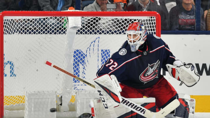 COLUMBUS, OH - OCTOBER 30: Goaltender Sergei Bobrovsky #72 of the Columbus Blue Jackets defends the net against the Detroit Red Wings on October 30, 2018 at Nationwide Arena in Columbus, Ohio. (Photo by Jamie Sabau/NHLI via Getty Images)