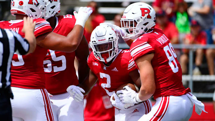 PISCATAWAY, NJ - SEPTEMBER 01: Raheem Blackshear #2 of the Rutgers Scarlet Knights is celebrated for the first touchdown of the game against the Texas State Bobcats during the first quarter at High Point Solutions Stadium on September 1, 2018 in Piscataway, New Jersey. (Photo by Corey Perrine/Getty Images)