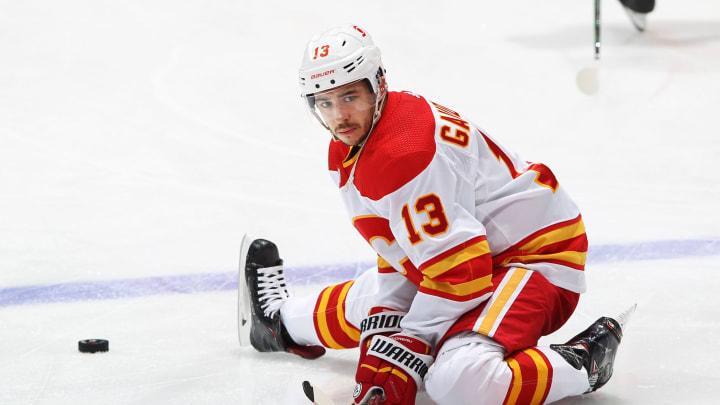 TORONTO, ON – FEBRUARY 22: Johnny Gaudreau #13 of the Calgary Flames stretches prior to playing against the Toronto Maple Leafs in an NHL game at Scotiabank Arena on February 22, 2021 in Toronto, Ontario, Canada. (Photo by Claus Andersen/Getty Images)