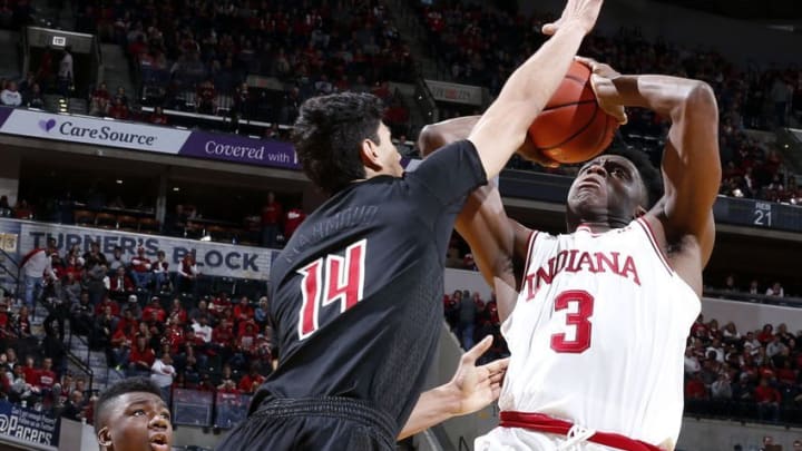 Dec 31, 2016; Indianapolis, IN, USA; Indiana Hoosiers forward OG Anunoby (3) takes a shot against Louisville Cardinals forward Anas Mahmoud (14) at Bankers Life Fieldhouse. Louisville defeats Indiana 77-62. Mandatory Credit: Brian Spurlock-USA TODAY Sports