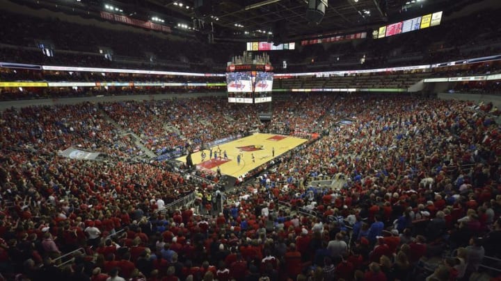 Dec 27, 2014; Louisville, KY, USA; The Louisville Cardinals battle the Kentucky Wildcats during the first half at KFC Yum! Center. Kentucky defeated Louisville 58-50. Mandatory Credit: Jamie Rhodes-USA TODAY Sports