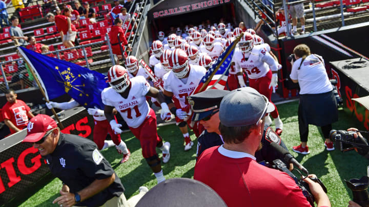 PISCATAWAY, NJ – SEPTEMBER 29: Head Coach Tom Allen (L) of the Indiana Hoosiers enters the field with his team before the game against the Rutgers Scarlet Knights at HighPoint.com Stadium on September 29, 2018 in Piscataway, New Jersey. (Photo by Corey Perrine/Getty Images)