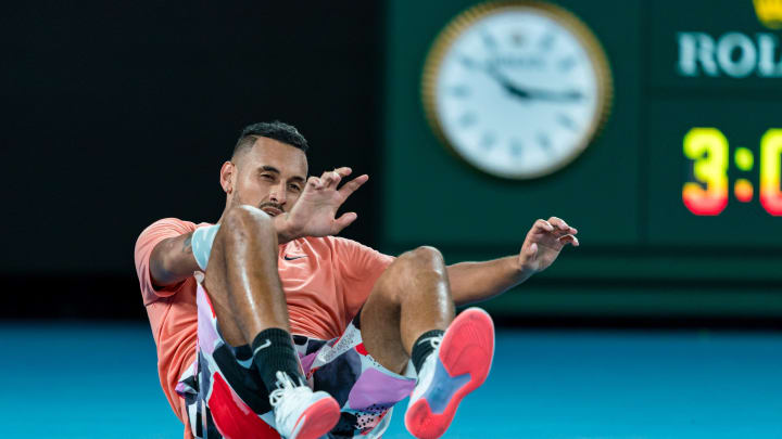 MELBOURNE, AUSTRALIA – JANUARY 27: Nick Kyrgios of Australia reacts during his Men’s Singles match against Rafael Nadal of Spain on day eight of the 2020 Australian Open at Melbourne Park on January 27, 2020 in Melbourne, Australia. (Photo by Andy Cheung/Getty Images)