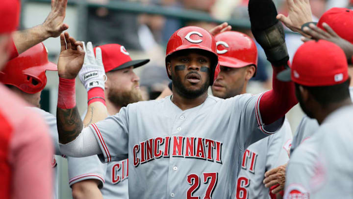 DETROIT, MI - AUGUST 1: Phillip Ervin #27 of the Cincinnati Reds celebrates after scoring against the Detroit Tigers on a double by Curt Casali during the seventh inning at Comerica Park on August 1, 2018 in Detroit, Michigan. (Photo by Duane Burleson/Getty Images)