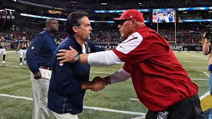 Dec 11, 2014; St. Louis, MO, USA; St. Louis Rams head coach Jeff Fisher and Arizona Cardinals head coach Bruce Arians shake hands after the Arizona Cardinals defeat the St. Louis Rams 12-6 at the Edward Jones Dome. Mandatory Credit: Jasen Vinlove-USA TODAY Sports