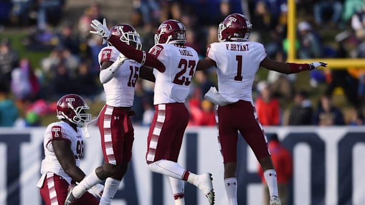 Dec 3, 2016; Annapolis, MD, USA; Temple Owls defensive back Nate Hairston (15) celebrates defensive back Delvon Randall (23) and wide receiver Ventell Bryant (1)after intercepting Navy Midshipmen quarterback Zach Abey (not pictured) pass during the second quarter at Navy-Marine Corps Memorial Stadium. Mandatory Credit: Tommy Gilligan-USA TODAY Sports