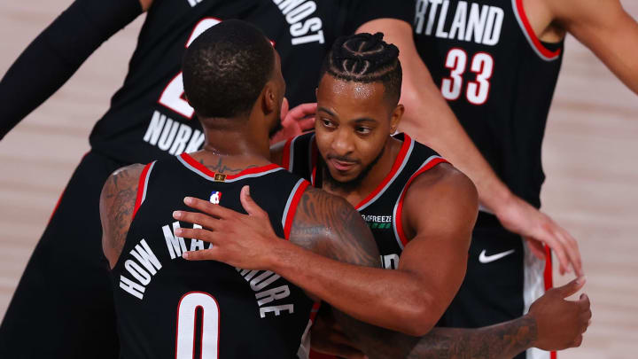 Denver Nuggets guard matchup: CJ McCollum and Damian Lillard of the Portland Trail Blazers (Photo by Kevin C. Cox/Getty Images)
