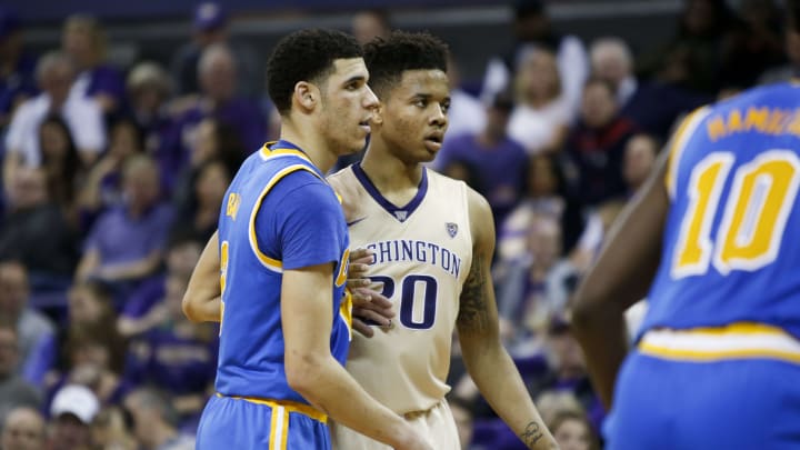 Feb 4, 2017; Seattle, WA, USA; UCLA Bruins guard Lonzo Ball (2) and Washington Huskies guard Markelle Fultz (20) guard each other during the second half at Alaska Airlines Arena at Hec Edmundson Pavilion. UCLA won 107-66. Mandatory Credit: Jennifer Buchanan-USA TODAY Sports