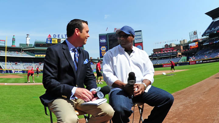 ATLANTA, GA – APRIL 17: Bo Jackson is interviewed by Tom Hart before the game between the Kansas City Royals and the Atlanta Braves at Turner Field on April 17, 2013 in Atlanta, Georgia. (Photo by Scott Cunningham/Getty Images)