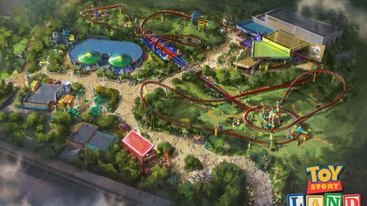 The reimagining of Disney's Hollywood Studios will take guests to infinity and beyond, allowing them to step into the worlds of their favorite films, starting with Toy Story Land. This new 11-acre land will transport guests into the adventurous outdoors of Andy's backyard. Guests will think they've been shrunk to the size of Woody and Buzz as they are surrounded by oversized toys that Andy has assembled using his vivid imagination. Using toys like building blocks, plastic buckets and shovels, and game board pieces, Andy has designed the perfect setting for this land, which will include two new attractions for any Disney park and one expanded favorite. (Disney Parks) Image Acquired from BoxLunch PR