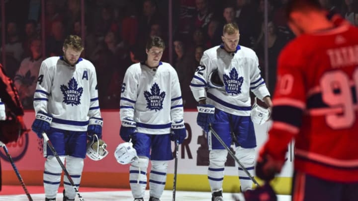 MONTREAL, QC - APRIL 06: Mitchell Marner #16 of the Toronto Maple Leafs looks on during the pregame ceremony ahead of the match against the Montreal Canadiens during the NHL game at the Bell Centre on April 6, 2019 in Montreal, Quebec, Canada. The Montreal Canadiens defeated the Toronto Maple Leafs 6-5 in a shootout. (Photo by Minas Panagiotakis/Getty Images)