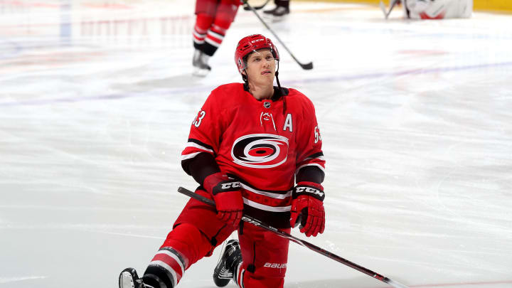 RALEIGH, NC – JANUARY 12: Jeff Skinner #53 of the Carolina Hurricanes stretches on the ice prior to an NHL game against the Washington Capitals on January 12, 2018 at PNC Arena in Raleigh, North Carolina. (Photo by Gregg Forwerck/NHLI via Getty Images)