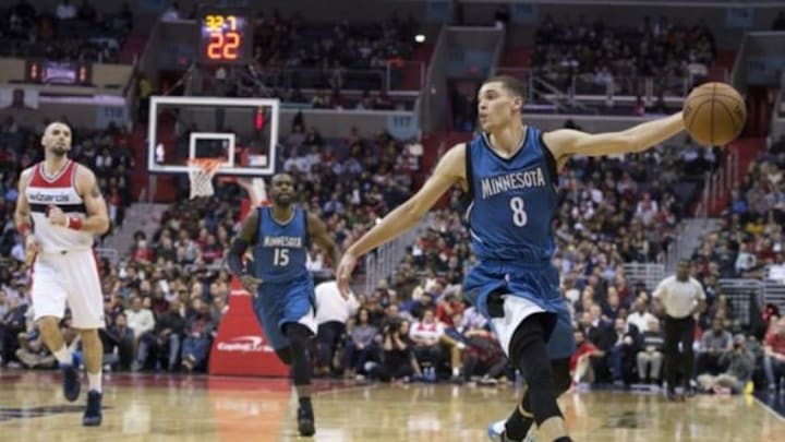 Minnesota Timberwolves guard Zach LaVine (8) saves the ball from going out of bounds during the third quarter against the Washington Wizards at Verizon Center. Washington Wizards defeated Minnesota Timberwolves 109-95. Mandatory Credit: Tommy Gilligan-USA TODAY Sports