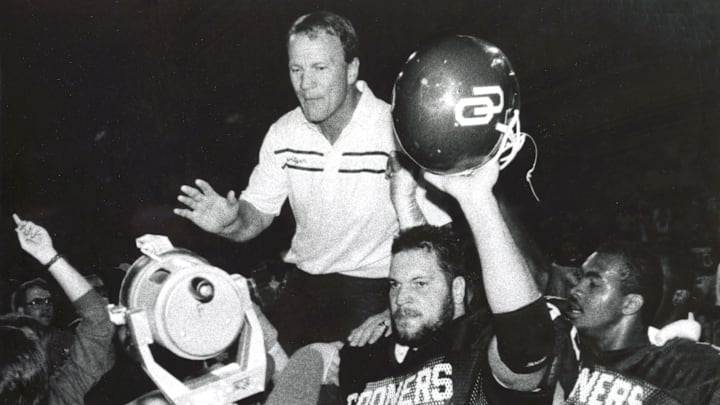 Jan 1, 1986; Miami, FL; USA; FILE PHOTO; Oklahoma Sooners head coach Barry Switzer and his team celebrate a win over the Penn State Nittany Lions at 1986 National Championship at the Orange Bowl. The Sooners won the game 25-10. Mandatory Credit: RVR Photos-USA TODAY Sports