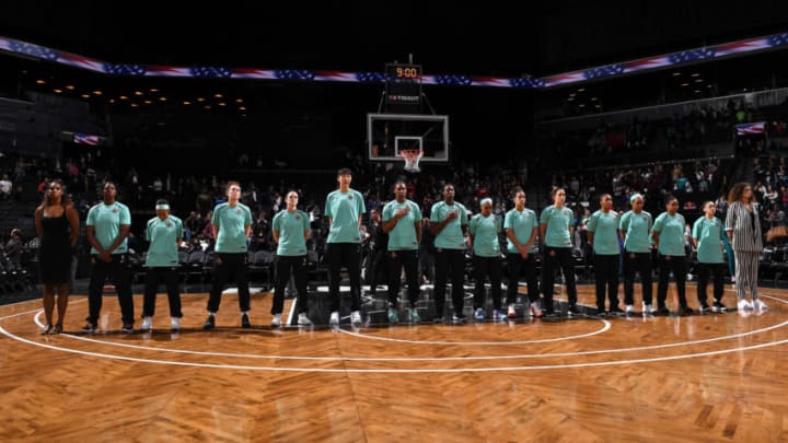 BROOKLYN, NY - MAY 9: The New York Liberty stand for the National Anthem prior to a game against China National Team on May 9, 2019 at the Barclays Center in Brooklyn, New York. NOTE TO USER: User expressly acknowledges and agrees that, by downloading and or using this photograph, User is consenting to the terms and conditions of the Getty Images License Agreement. Mandatory Copyright Notice: Copyright 2019 NBAE (Photo by Matteo Marchi/NBAE via Getty Images)