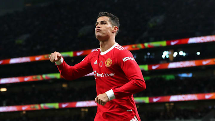 LONDON, ENGLAND - OCTOBER 30: Christiano Ronaldo of Manchester United celebrates scoring his teams first goal during the Premier League match between Tottenham Hotspur and Manchester United at Tottenham Hotspur Stadium on October 30, 2021 in London, England. (Photo by Chloe Knott - Danehouse/Getty Images)
