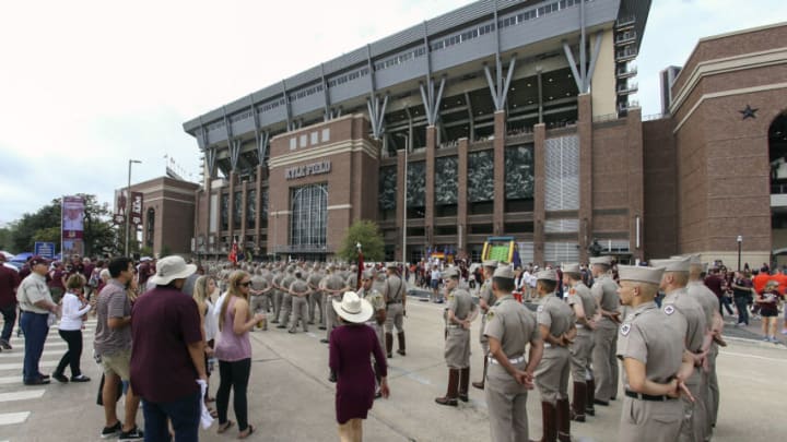 Nov 4, 2017; College Station, TX, USA; Texas A&M Aggies corps of cadets members stand in front of Kyle Field before a game between the Texas A&M Aggies and the Auburn Tigers. Mandatory Credit: Troy Taormina-USA TODAY Sports
