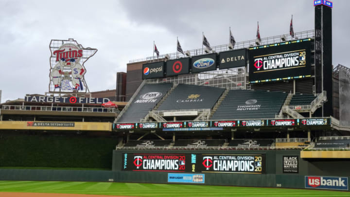 MINNEAPOLIS, MN - SEPTEMBER 27: A detail view of the scoreboard honoring the American League Central Division Champion Minnesota Twins following the game against the Cincinnati Reds on September 27, 2020 at Target Field in Minneapolis, Minnesota. (Photo by Brace Hemmelgarn/Minnesota Twins/Getty Images) *** Local Caption ***