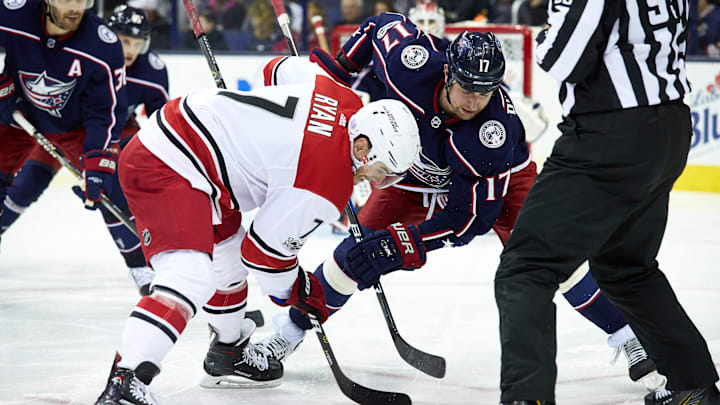 COLUMBUS, OH – NOVEMBER 10: Carolina Hurricanes center Derek Ryan (7) and Columbus Blue Jackets center Brandon Dubinsky (17) face-off during a game between the Columbus Blue Jackets and the Caroling Hurricanes on November 10, 2017, at Nationwide Arena in Columbus, OH. (Photo by Adam Lacy/Icon Sportswire via Getty Images)