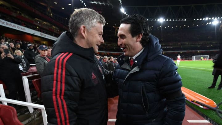 LONDON, ENGLAND - JANUARY 25: Unai Emery the Arsenal Head Coach greets Ole Gunnar Solskjaer the Man Utd Manager before the FA Cup Fourth Round match between Arsenal and Manchester United at Emirates Stadium on January 25, 2019 in London, United Kingdom. (Photo by David Price/Arsenal FC via Getty Images)
