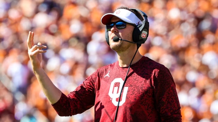 Oct 9, 2021; Dallas, Texas, USA; Oklahoma Sooners head coach Lincoln Riley goes for two points during the fourth quarter against the Texas Longhorns at the Cotton Bowl. Mandatory Credit: Kevin Jairaj-USA TODAY Sports