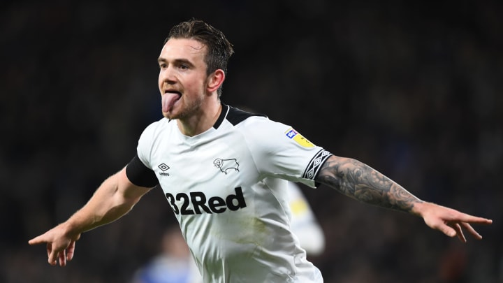 DERBY, ENGLAND – NOVEMBER 03: Jack Marriott of Derby celebrates as he scores during the Sky Bet Championship match between Derby County and Birmingham City at Pride Park Stadium on November 3, 2018 in Derby, England. (Photo by Nathan Stirk/Getty Images)
