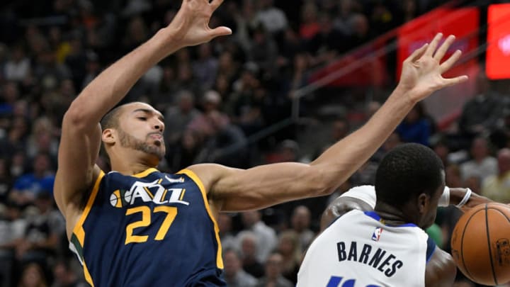 SALT LAKE CITY, UT - OCTOBER 30: Utah Jazz center Rudy Gobert and Harrison Barnes of the Dallas Mavericks battle for the ball. (Photo by Gene Sweeney Jr./Getty Images)