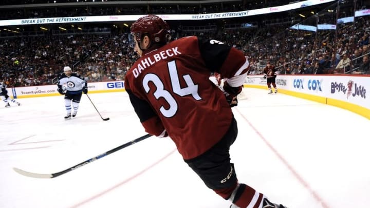 Dec 31, 2015; Glendale, AZ, USA; Arizona Coyotes defenseman Klas Dahlbeck (34) skates the puck against the Winnipeg Jets during the third period at Gila River Arena. The Coyotes won 4-2. Mandatory Credit: Joe Camporeale-USA TODAY Sports