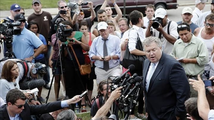 Jun 26, 2013; North Attleborough, MA, USA; Michael K. Fee the attorney for former New England Patriots tight end Aaron Hernandez speaks with reporters outside the courthouse after his client
