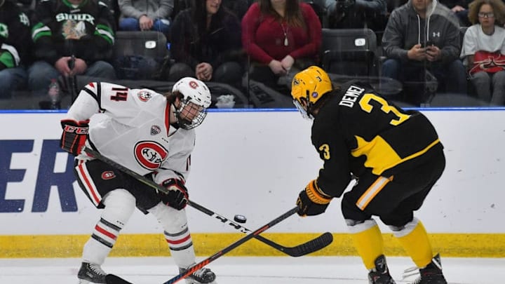 FARGO, NORTH DAKOTA - MARCH 29: Patrick Newell #14 of the St. Cloud State Huskies tries to control the puck against Patrik Demel #3 of the American International Yellow Jackets during an NCAA Division I Men's Ice Hockey West Regional Championship Semifinal game at Scheels Arena on March 29, 2019 in Fargo, North Dakota. (Photo by Sam Wasson/Getty Images)