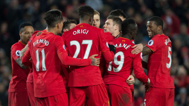 LIVERPOOL, ENGLAND - DECEMBER 27: Liverpool's Sadio Mane celebrates scoring Liverpools third goal during the Premier League match between Liverpool and Stoke City at Anfield on December 27, 2016 in Liverpool, England. (Photo by Terry Donnally - CameraSport via Getty Images)