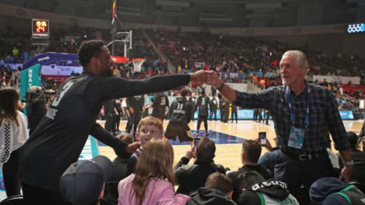 CHARLOTTE, NC – FEBRUARY 16: Dwyane Wade #3 of Team LeBron gives Pat Riley a fist bump before the game against Team Giannis during 2019 All-Star Practice and Media Availability on February 16, 2019 at Bojangles Coliseum in Charlotte, North Carolina. NOTE TO USER: User expressly acknowledges and agrees that, by downloading and or using this photograph, User is consenting to the terms and conditions of the Getty Images License Agreement. Mandatory Copyright Notice: Copyright 2019 NBAE (Photo by Issac Baldizon/NBAE via Getty Images)