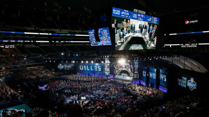 ARLINGTON, TX – APRIL 26: The Dallas Cowboys war room is seen on a video board during the first round of the 2018 NFL Draft at AT&T Stadium on April 26, 2018 in Arlington, Texas. (Photo by Tim Warner/Getty Images)