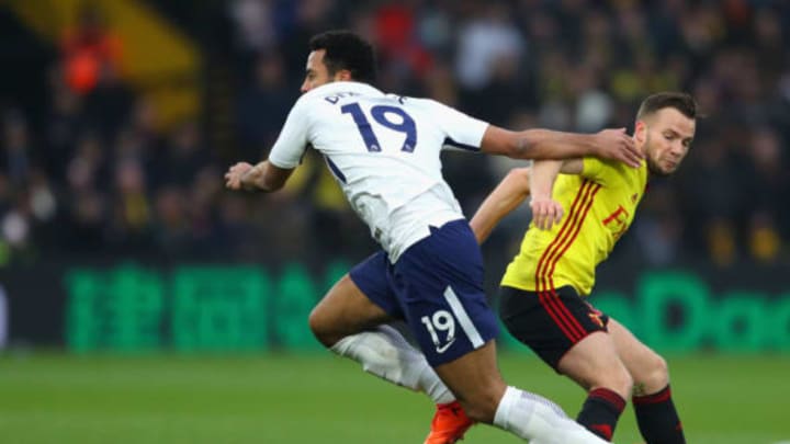 WATFORD, ENGLAND – DECEMBER 02: Mousa Dembele of Tottenham Hotspur is challenged by Tom Cleverley of Watford during the Premier League match between Watford and Tottenham Hotspur at Vicarage Road on December 2, 2017 in Watford, England. (Photo by Richard Heathcote/Getty Images)