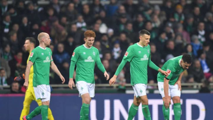 BREMEN, GERMANY – JANUARY 26: Players of Bremen look dejected during the Bundesliga match between SV Werder Bremen and TSG 1899 Hoffenheim at Wohninvest Weserstadion on January 26, 2020 in Bremen, Germany. (Photo by Stuart Franklin/Bongarts/Getty Images)