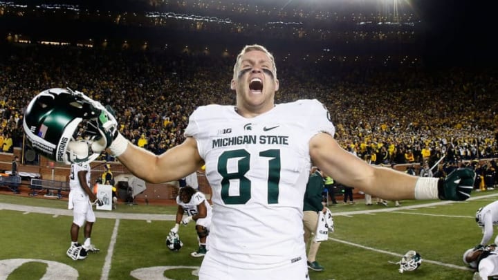 ANN ARBOR, MI - OCTOBER 17: Tight end Matt Sokol #81 of the Michigan State Spartans celebrates after defeating the Michigan Wolverines 27-23 in the college football game at Michigan Stadium on October 17, 2015 in Ann Arbor, Michigan. (Photo by Christian Petersen/Getty Images)