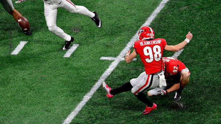 ATLANTA, GA - JANUARY 08: Rodrigo Blankenship #98 of the Georgia Bulldogs kicks a field goal during the second quarter against the Alabama Crimson Tide in the CFP National Championship presented by AT&T at Mercedes-Benz Stadium on January 8, 2018 in Atlanta, Georgia. (Photo by Scott Cunningham/Getty Images)