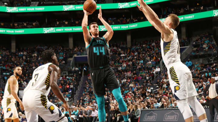 CHARLOTTE, NC – NOVEMBER 21: Frank Kaminsky #44 of the Charlotte Hornets shoots the ball against the Indiana Pacers on November 21, 2018 at Spectrum Center in Charlotte, North Carolina. NOTE TO USER: User expressly acknowledges and agrees that, by downloading and or using this photograph, User is consenting to the terms and conditions of the Getty Images License Agreement. Mandatory Copyright Notice: Copyright 2018 NBAE (Photo by Brock Williams-Smith/NBAE via Getty Images)