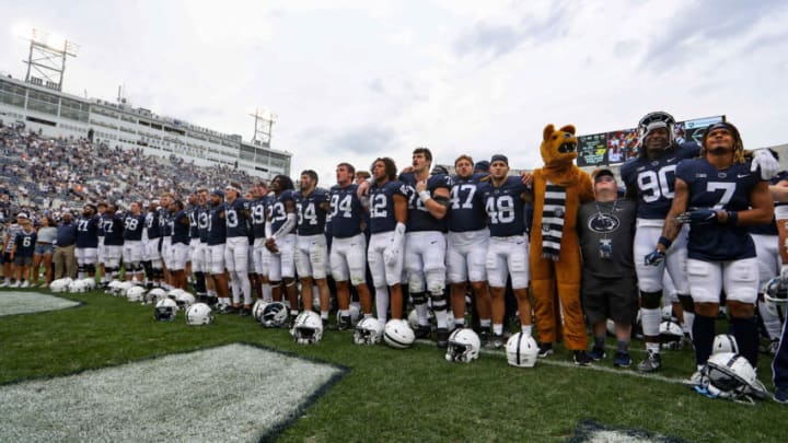 Sep 10, 2022; University Park, Pennsylvania, USA; Penn State Nittany Lion players sing their alma mater following the competition of the game against the Ohio Bobcats at Beaver Stadium. Penn State defeated Ohio 46-10. Mandatory Credit: Matthew OHaren-USA TODAY Sports
