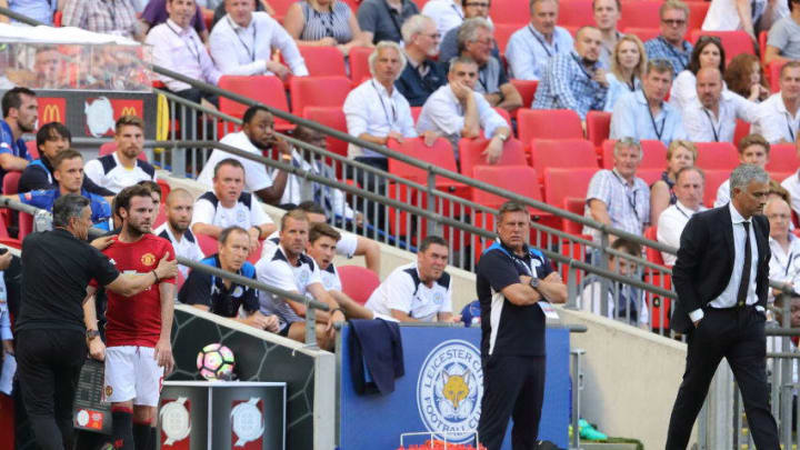 LONDON, ENGLAND - AUGUST 07: Juan Mata of Manchester United looks at Jose Mourinho the head coach / manager of Manchester United after being substituted during The FA Community Shield match between Manchester United and Leicester City at Wembley Stadium on August 7, 2016 in London, England. (Photo by Matthew Ashton - AMA/Getty Images)